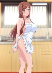 Rule 34 | 1girl, apron, ass, ayane shirakawa, blush, breasts, brown eyes, brown hair, day, kitchen, legs, naked apron, overflow (anime)
