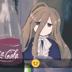 Rule 34 | 1girl, :|, absurdres, ascot, blue capelet, bottle, brown eyes, brown hair, capelet, closed mouth, coca-cola, commentary, emoji, empty eyes, english commentary, expressionless, hair between eyes, highres, iesonatana, jitome, long hair, looking at viewer, sense (sousou no frieren), sitting, soda bottle, sousou no frieren, upper body, very long hair, white ascot