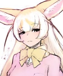 Rule 34 | 1girl, animal ear fluff, animal ears, black eyes, blonde hair, bow, bowtie, cardigan, closed mouth, extra ears, fennec (kemono friends), ise (0425), kemono friends, long hair, looking at viewer, pink cardigan, shirt, simple background, solo, straight hair, upper body, white shirt, yellow bow, yellow bowtie