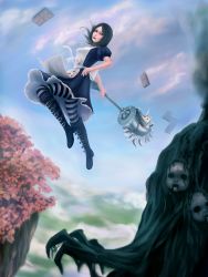 Rule 34 | 1girl, alice: madness returns, alice (alice in wonderland), alice in wonderland, alice liddell (american mcgee&#039;s alice), american mcgee&#039;s alice, american mcgee's alice, apron, black hair, boots, day, dress, ebi furai (erhu112), green eyes, highres, pantyhose, sky, striped clothes, striped pantyhose, tree, weapon