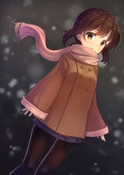 Rule 34 | 1girl, :o, black pantyhose, blue skirt, blush, brown coat, brown eyes, brown hair, coat, commentary request, dutch angle, fringe trim, fubuki (kancolle), fur-trimmed sleeves, fur trim, highres, kantai collection, long sleeves, looking at viewer, minarai shachou, pantyhose, parted lips, pink scarf, pleated skirt, scarf, sidelocks, skirt, sleeves past wrists, solo, wide sleeves, winter clothes, winter coat