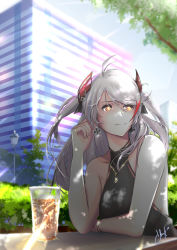 Rule 34 | 1girl, absurdres, azur lane, backless dress, backless outfit, bare shoulders, black dress, building, bush, casual, chark14, city, collarbone, commentary, contemporary, cross, cup, day, disposable cup, dress, drinking straw, earrings, english commentary, grey hair, halterneck, highres, huge filesize, iron cross, jewelry, lamppost, light rays, looking to the side, multicolored hair, necklace, outdoors, prinz eugen (azur lane), shadow, signature, sitting, skyscraper, smile, solo, strapless, strapless dress, streaked hair, sunbeam, sunlight, table, tree, two side up, watch, wristwatch, yellow eyes