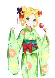 Rule 34 | 1girl, abigail williams (fate), absurdres, blonde hair, blue eyes, blush, bow, butterfly hair ornament, candy apple, closed mouth, commentary request, double bun, fate/grand order, fate (series), floral print, food, forehead, green kimono, hair bow, hair bun, hair ornament, highres, holding, holding food, japanese clothes, kimono, long sleeves, obi, parted bangs, pinching sleeves, print kimono, red bow, sash, simple background, sleeves past wrists, smile, solo, white background, wide sleeves, yukaa