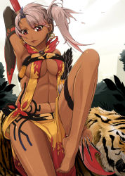 Rule 34 | 1girl, abs, armpits, barefoot, between fingers, bird, breasts, cleavage, dark-skinned female, dark skin, detached sleeves, earrings, hair ornament, highres, holding, jewelry, junkyard, knife, leaf, mountain, original, parted lips, pink hair, red eyes, sangokushi taisen, sangokushi taisen card illustration contest, shukuyu, side ponytail, sitting, solo, tattoo, thigh strap, wind, yuo0