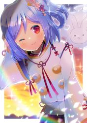 Rule 34 | 1girl, :x, ;), blue hair, blurry, blurry background, closed mouth, commission, depth of field, hand up, jacket, kou hiyoyo, lens flare, long sleeves, looking at viewer, one eye closed, one side up, original, red eyes, skeb commission, smile, solo, sunset, virtual youtuber, white jacket, wide sleeves