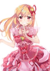 Rule 34 | 1girl, aikatsu!, aikatsu! (series), bare arms, blonde hair, bow, cowboy shot, detached collar, dress, earrings, finger to mouth, frilled dress, frills, grin, hair ornament, heart, hoshimiya ichigo, jewelry, long hair, looking at viewer, onbin ha, pink dress, red eyes, simple background, sleeveless, sleeveless dress, smile, solo, white background