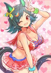 Rule 34 | 1girl, alternate costume, animal ears, arm up, bikini, black hair, bracelet, breasts, cleavage, collarbone, cowboy shot, food-themed hair ornament, frilled bikini, frills, groin, hair ornament, heart, highres, horse ears, horse girl, horse tail, jewelry, looking at viewer, medium breasts, mimishiky, navel, one side up, open mouth, red bikini, red eyes, short sleeves, solo, sweatband, swimsuit, tail, umamusume, upper body, w, watermelon hair ornament, winning ticket (umamusume), x hair ornament