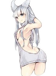 Rule 34 | 10s, 1girl, 218, animal ears, aran sweater, arm up, armpits, ass, back, backless dress, backless outfit, bare back, blue eyes, blush, breasts, butt crack, cable knit, closed mouth, dress, erune, from behind, granblue fantasy, grey eyes, halterneck, korwa, large breasts, long hair, looking at viewer, looking back, meme attire, naked sweater, no bra, no panties, sideboob, silver hair, simple background, smile, solo, sweater, sweater dress, turtleneck, turtleneck sweater, virgin killer sweater, white background