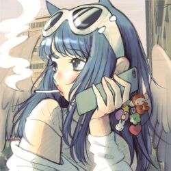 Rule 34 | 1girl, angel wings, animal ears, blue hair, blush, building, cellphone, cellphone charm, charm (object), cigarette, commentary, english commentary, eyewear on head, green eyes, grey sweater, highres, holding, holding phone, long hair, looking to the side, off shoulder, original, phone, pink lips, portrait, pout, pyituu, shirt, smartphone, smoking, solo, sunglasses, sweater, white shirt, wings