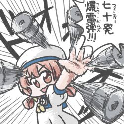 Rule 34 | :3, blue sailor collar, bow, brown eyes, brown hair, commentary request, depth charge, dress, ferret-san, hair rings, hat, kaiboukan no. 4 (kancolle), kantai collection, long hair, low twintails, motion blur, sailor collar, sailor dress, sailor hat, searchlight, smile, speed lines, throwing, translation request, twintails, white dress, white headwear, yellow bow