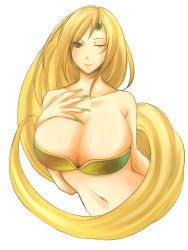 Rule 34 | 1990s (style), 1girl, barbariccia, bare shoulders, bikini, bikini top only, blonde hair, breasts, cactus prince, circlet, cleavage, final fantasy, final fantasy iv, green eyes, hand on own chest, highres, huge breasts, long hair, nail polish, navel, smile, solo, square enix, swimsuit, upper body, very long hair, white background, wink