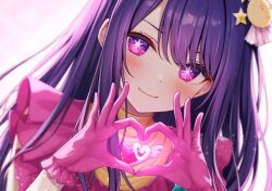 Rule 34 | 1girl, close-up, closed mouth, commentary request, dress, gloves, hair ornament, heart, heart hands, hoshino ai (oshi no ko), idol, karutamo, long hair, looking at viewer, oshi no ko, partial commentary, pink dress, pink eyes, pink gloves, purple hair, rabbit hair ornament, smile, solo, star-shaped pupils, star (symbol), swept bangs, symbol-shaped pupils, upper body