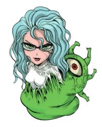 Rule 34 | 1girl, black background, blue hair, breasts, cyclops, extra arms, glasses, green eyes, gyoro gyoro, large breasts, long hair, looking at viewer, monster, one-eyed, one-punch man, outline, psychos (one-punch man), psykos, simple background, spoilers