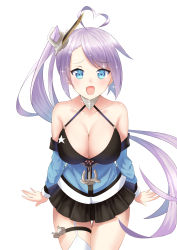 Rule 34 | 1girl, ahoge, arms at sides, azur lane, bare shoulders, bikini, bikini top only, black bikini, blue eyes, blush, breasts, cleavage, cowboy shot, dress, front-tie bikini top, front-tie top, halterneck, heart, heart-shaped pupils, heart ahoge, highres, large breasts, long hair, microskirt, ponytail, portland (azur lane), simple background, skirt, smile, solo, sparkle, swimsuit, symbol-shaped pupils, thigh strap, thighhighs, very long hair, white background, white hair, white thighhighs