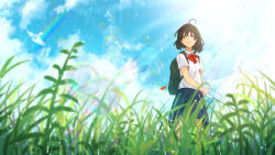Rule 34 | 1girl, ahoge, backpack, bag, bag charm, black skirt, blue sky, bow, bowtie, brown eyes, brown hair, charm (object), closed mouth, cloud, cloudy sky, collared shirt, day, dot nose, feet out of frame, grass, hair between eyes, highres, holding, holding umbrella, landscape, lens flare, light rays, looking to the side, nature, oka kojiro, original, outdoors, plant, pleated skirt, rain, red bow, red bowtie, scenery, shirt, short hair, short sleeves, sidelocks, skirt, sky, smile, solo, sun, umbrella, white shirt
