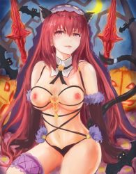 Rule 34 | 1girl, adapted costume, animal ears, bad id, bad pixiv id, bat (animal), blush, breasts, cat ears, cosplay, elbow gloves, fate/grand order, fate (series), gae bolg (fate), gloves, halloween costume, highres, jack-o&#039;-lantern, large breasts, bridal garter, long hair, looking at viewer, mash kyrielight, mash kyrielight (dangerous beast), mash kyrielight (dangerous beast) (cosplay), nipples, official alternate costume, polearm, pumpkin, purple hair, red eyes, scathach (fate), shielder (fate/grand order) (cosplay), solo, spear, suterisu japan, very long hair, weapon