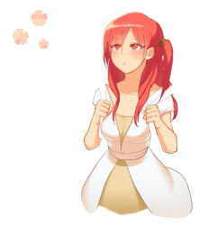 Rule 34 | 1girl, bad id, bad pixiv id, dress, flower, long hair, looking up, magi the labyrinth of magic, morgiana, red eyes, red hair, side ponytail, simple background, sleeveless, sleeveless dress, solo, yu12