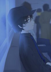 Rule 34 | 1boy, absurdres, baseball cap, black eyes, black hair, black hat, black shirt, blue necktie, collared shirt, hat, highres, indoors, limbus company, long sleeves, looking at viewer, male focus, necktie, parted lips, project moon, shirt, sinlu, solo, train interior, yi sang (project moon)