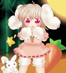 Rule 34 | animal ears, bad id, bad pixiv id, bamboo, bamboo forest, bloomers, blush, brown hair, rabbit, rabbit ears, carrot, dress, forest, full moon, inaba tewi, kohane (usio222), kowane, moon, nature, pink dress, red eyes, short dress, solo, touhou, underwear