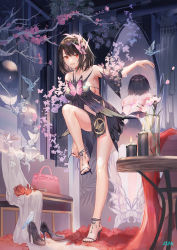 Rule 34 | 1girl, adjusting clothes, adjusting shoe, armpits, atdan, bare shoulders, black dress, black footwear, black hair, breasts, bug, butterfly, clothing cutout, detached sleeves, dress, full body, high heels, highres, insect, large breasts, leg up, lily (atdan), looking at viewer, mirror, navel, navel cutout, original, outstretched arm, parted lips, pumps, red eyes, reflection, sandals, shoes, short hair, sideboob, solo, standing, standing on one leg, stiletto heels, table, thighs, toes, unworn shoes