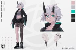 Rule 34 | 1girl, artist name, bakedmochi, belt, black belt, black footwear, black horns, black jacket, black pantyhose, black shorts, blue eyes, character name, character sheet, closed mouth, crop top, earrings, full body, grey hair, highres, horns, jacket, jewelry, long sleeves, midriff, monster girl, multiple views, oni, original, pantyhose, pointing, pointing down, short hair, shorts, tomboy, torn clothes, torn pantyhose