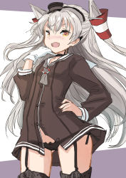 Rule 34 | 1girl, amatsukaze (kancolle), black panties, bow, bow panties, brown dress, commentary request, cowboy shot, dress, flat chest, fuji (pixiv24804665), garter straps, gloves, grey neckerchief, hair tubes, hand on own hip, hat, highres, kantai collection, lifebuoy, lifebuoy ornament, long hair, mini hat, neckerchief, panties, sailor collar, sailor dress, short dress, side-tie panties, silver hair, single glove, smile, smokestack hair ornament, solo, swim ring, thighhighs, two side up, underwear, white gloves, white sailor collar