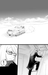 Rule 34 | !, 1boy, armored vehicle, coat, comic, fate/grand order, fate (series), greyscale, highres, hirunagi, long hair, long sleeves, looking back, monochrome, open clothes, open coat, silent comic, smile, stairs, sunglasses, tezcatlipoca (fate)