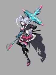 Rule 34 | 1girl, blue eyes, breasts, cleavage, female focus, full body, goth fashion, high heels, holding, holding weapon, lance, looking at viewer, nintendo, official art, polearm, silver hair, simple background, skirt, solo, torn clothes, umetsu yasuomi, vale (xenoblade), weapon, xenoblade chronicles (series), xenoblade chronicles 2