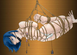 Rule 34 | amiba00, androgynous, arms behind back, bdsm, bell, bit gag, blue eyes, blue hair, bondage, bound, bound ankles, bound arms, gag