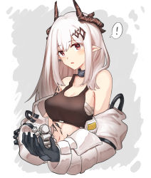 Rule 34 | !, 1girl, absurdres, arknights, bandages, bare shoulders, black choker, black gloves, blush, choker, commentary request, crop top, gloves, head tilt, highres, holding, horns, infection monitor (arknights), long hair, long sleeves, looking at viewer, mabing, material growth, midriff, mudrock (arknights), mudrock (elite ii) (arknights), navel, off shoulder, oripathy lesion (arknights), parted lips, pointy ears, red eyes, sarashi, silver hair, solo, spoken exclamation mark, sports bra, stomach, upper body