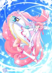 Rule 34 | 1girl, artist logo, ascot, blue sky, boots, bow, braid, center frills, closed mouth, cloud, cloudy sky, cure prism, day, dress, dress bow, elbow gloves, flipped hair, floating, french braid, frills, gloves, green eyes, hair bow, highres, hirogaru sky! precure, jewelry, knee boots, layered dress, light particles, light trail, long hair, looking at viewer, maboroshineko, magical girl, outdoors, pink hair, precure, short dress, side braids, sky, sleeveless, sleeveless dress, smile, solo, very long hair, white ascot, white bow, white dress, white footwear, white gloves