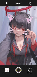 Rule 34 | 1girl, 20cnanmin, absurdres, animal ears, black hair, black nails, black sailor collar, black serafuku, black skirt, blue archive, blush, breasts, cat ears, cleavage, doodle sensei (blue archive), fake animal ears, fake phone screenshot, fake screenshot, fingernails, halo, highres, large breasts, long hair, long sleeves, looking at viewer, melting halo, nail polish, neckerchief, open mouth, pleated skirt, red eyes, red halo, red neckerchief, sailor collar, school uniform, sensei (blue archive), serafuku, skirt, smile, solo, tsurugi (blue archive), undone neckerchief