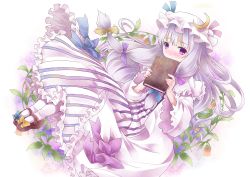 Rule 34 | 1girl, bad id, bad pixiv id, book, covering own mouth, crescent, female focus, floral background, hat, highres, long hair, mary janes, michii yuuki, pantyhose, patchouli knowledge, purple eyes, purple hair, robe, shoes, shy, solo, striped, touhou, white pantyhose