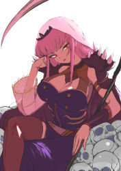 Rule 34 | absurdres, armband, bare shoulders, belt, black cloak, breasts, brown thighhighs, cleavage, cloak, crack, crossed legs, fingernails, head rest, highres, hololive, hololive english, huge filesize, large breasts, long hair, mori calliope, nail polish, not nodu, pile of skulls, pink eyes, pink hair, pink nails, scythe, see-through, simple background, single bare shoulder, sitting, skull, solo, spikes, thighhighs, tiara, tongue, tongue out, vambraces, veil, virtual youtuber, weapon, white background, wide sleeves