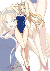 Rule 34 | 1girl, arms behind back, arms up, bare legs, blonde hair, blue eyes, blue one-piece swimsuit, commentary request, competition swimsuit, dated, headgear, highleg, highleg swimsuit, kantai collection, long hair, looking at viewer, moke ro, nelson (kancolle), one-piece swimsuit, red footwear, smile, solo, swimsuit, twitter username, zoom layer