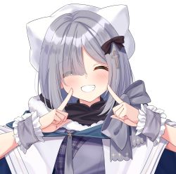 Rule 34 | 1girl, alternate costume, blush, closed eyes, grey hair, grin, hair ornament, hat, highres, kaga sumire, medium hair, pointing, pointing at self, portrait, simple background, smile, solo, syurimp, virtual youtuber, vspo!, white background, winter clothes