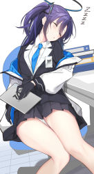 Rule 34 | 1girl, black gloves, black skirt, blue archive, chair, commentary request, gloves, hair between eyes, halo, highres, holding, id card, knees together feet apart, long hair, long sleeves, necktie, office chair, panties, pantyshot, parted lips, pleated skirt, school uniform, seiza, sidelocks, simple background, sitting, skirt, sleeping, solo, swivel chair, table, two side up, underwear, white background, white panties, youki yt, yuuka (blue archive), zzz