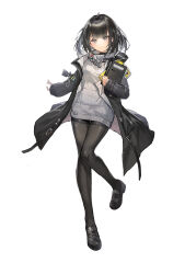 Rule 34 | 1girl, absurdres, arknights, arknights: endfield, black coat, black eyes, black footwear, black hair, blush, book, closed mouth, coat, dress, endministrator (arknights), female endministrator (arknights), full body, grey dress, grey sweater, highres, holding, holding book, long sleeves, looking at viewer, open clothes, open coat, shoes, short hair, simple background, smile, solo, sweater, sweater dress, turtleneck, turtleneck sweater, white background, xiao dingdang nayo