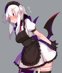 Rule 34 | 1girl, baal (shiomachi), bat wings, blush, maid, original, pout, red eyes, shiomachi, skindentation, solo, colored eyelashes, white hair, wings