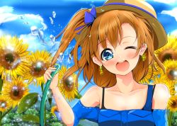 Rule 34 | 10s, 1girl, ;d, bad id, bad pixiv id, blue eyes, blush, brown hair, cloud, collarbone, day, earrings, flower, highres, hose, jewelry, kosaka honoka, love live!, love live! school idol project, off shoulder, one eye closed, open mouth, portrait, short hair, side ponytail, sky, smile, solo, sparkle, sunflower, velia, water