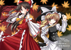 Rule 34 | 2girls, ;), apron, arm at side, ascot, black eyes, black hair, black hat, black skirt, black vest, blonde hair, bow, copyright name, detached sleeves, eyebrows, female focus, frilled apron, frilled sleeves, frills, hair bow, hair tubes, hakurei reimu, hand on own head, hand on own hip, hand up, hat, hat bow, hat ribbon, kirisame marisa, layered sleeves, leaf, long hair, long skirt, long sleeves, looking at viewer, makino (ukiuo), maple leaf, multiple girls, one eye closed, red background, red bow, red ribbon, red skirt, ribbon, ribbon-trimmed sleeves, ribbon trim, sarashi, shirt, short over long sleeves, short sleeves, skirt, skirt set, smile, touhou, tree, vest, waist apron, white apron, white bow, white ribbon, white shirt, wide sleeves, witch hat