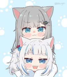 Rule 34 | 2girls, animal ears, blue eyes, blue hair, blush, cat ears, cat girl, commentary, crossover, english commentary, gawr gura, gawr gura (casual), grey hair, hair ornament, hairclip, highres, hololive, hololive english, hug, hug from behind, indie virtual youtuber, kukie-nyan, long hair, looking at viewer, multicolored hair, multiple girls, nachoneko, open mouth, sharp teeth, streaked hair, teeth, virtual youtuber