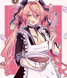 Rule 34 | 1girl, absurdres, apron, blush, bowl, breasts, chocolate, chocolate making, cleavage, frilled apron, frills, goddess of victory: nikke, hair between eyes, highres, holding, holding whisk, horns, large breasts, long hair, looking at viewer, mechanical horns, miko (uuua12u), mixing bowl, red hair, red hood (nikke), sidelocks, solo, unzipped, valentine, whisk, white apron