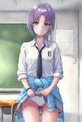 Rule 34 | 1girl, absurdres, ahoge, asakura toru, black necktie, blue cardigan, blue hair, blush, bra visible through clothes, ca paria, cameltoe, cardigan, cardigan around waist, chair, chalkboard, classroom, clothes around waist, clothes lift, collarbone, cowboy shot, desk, earrings, gluteal fold, gradient hair, highres, idolmaster, idolmaster shiny colors, jewelry, lifted by self, looking at viewer, loose necktie, multicolored hair, necktie, open collar, parted bangs, pen in pocket, plaid, plaid skirt, pleated skirt, purple hair, school chair, school desk, school uniform, shirt, skirt, skirt lift, solo, white shirt