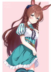 Rule 34 | 1girl, absurdres, ahoge, animal ears, blue flower, blue rose, blue skirt, blue thighhighs, blush, brown eyes, brown hair, center frills, closed mouth, commentary request, flower, frilled skirt, frills, hair between eyes, hand up, highres, horse ears, long hair, looking at viewer, mejiro bright (umamusume), ochinsama, pink background, puffy short sleeves, puffy sleeves, rose, shirt, short sleeves, signature, skirt, smile, solo, thighhighs, twitter username, two-tone background, umamusume, very long hair, white background, white shirt