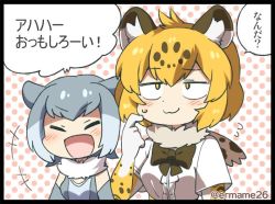 Rule 34 | 10s, 2girls, :3, animal ears, animal print, blonde hair, blush stickers, bow, bowtie, eromame, closed eyes, flying sweatdrops, fur collar, gloves, grey hair, jaguar (kemono friends), jaguar ears, kemono friends, multicolored hair, multiple girls, open mouth, otter ears, short hair, small-clawed otter (kemono friends), smile, sweatdrop, translated, two-tone hair