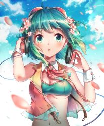 Rule 34 | 1girl, :o, aqua eyes, aqua hair, bandeau, blue sky, breasts, cherry blossoms, cleavage, cloud, flower, gumi, gumi (v3 megpoid), hair flower, hair ornament, hands on headphones, head wings, headphones, highres, looking at viewer, midriff, navel, nou (nounknown), open clothes, open mouth, open vest, petals, sky, solo, strapless, tears, tube top, underboob, vest, vocaloid, wings, wrist cuffs