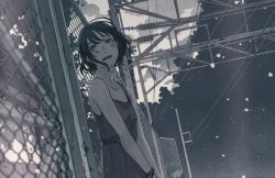 Rule 34 | 1girl, belt, blush, bracelet, chain-link fence, cloud, collarbone, commentary, dark, dress, dutch angle, fence, flat chest, from below, greyscale, jewelry, looking to the side, monochrome, night, no.734, open mouth, original, outdoors, power lines, short hair, sky, sleeveless, sleeveless dress, smile, solo, star (sky), texture, utility pole, wind