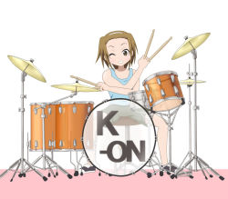 Rule 34 | 00s, 1girl, brown eyes, brown hair, casual, cymbals, drum, drum set, drumsticks, female focus, hairband, instrument, k-on!, one eye closed, qwer, short hair, solo, spread legs, tainaka ritsu, tomboy, white background, wink