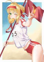 Rule 34 | 1girl, ahoge, blonde hair, blush, braid, buruma, closed mouth, commentary request, cowboy shot, fate/grand order, fate (series), fingernails, flag, green eyes, hair bun, hair intakes, hand up, headband, highres, lips, looking at viewer, medal, mouth hold, name tag, nero claudius (fate), nero claudius (fate) (all), nero claudius (fate/extra), nero claudius (olympian bloomers) (fate), official alternate costume, one eye closed, pink lips, puffy short sleeves, puffy sleeves, saruchitan, shirt, short hair, short sleeves, single hair bun, smile, solo, standing, v, white shirt
